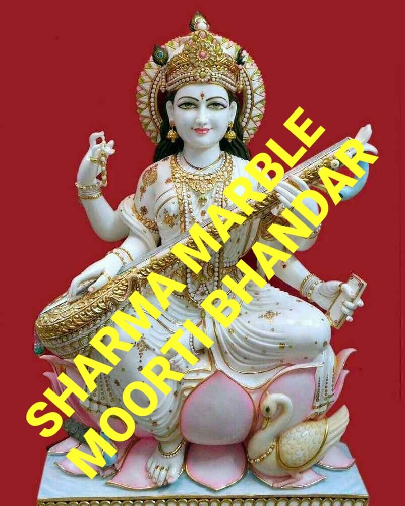 6 Ft Painted Marble Saraswati Mata Murti for Office