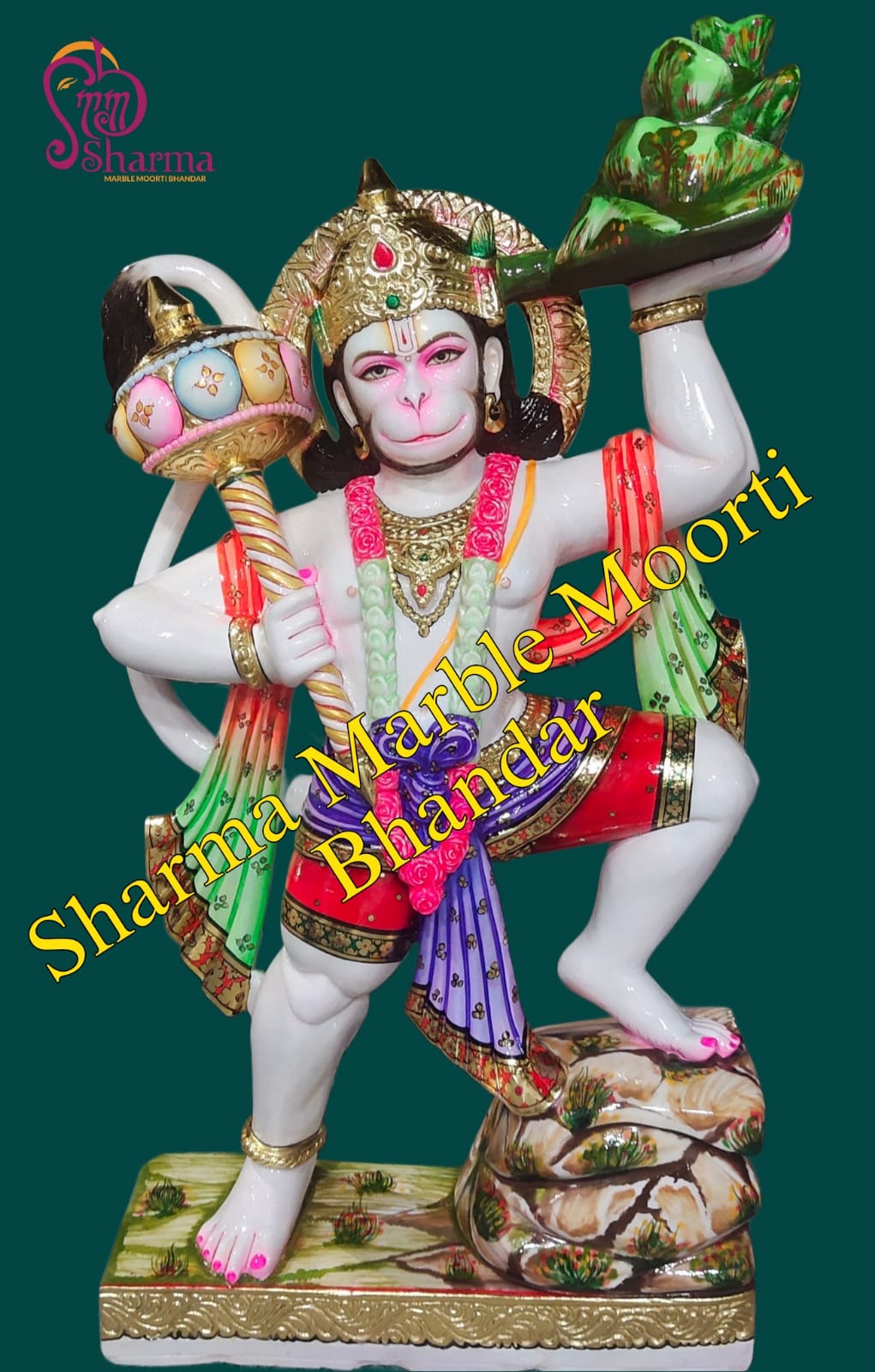 Coloured Marble Veer Hanuman Ji Moorti Carrying Parvat