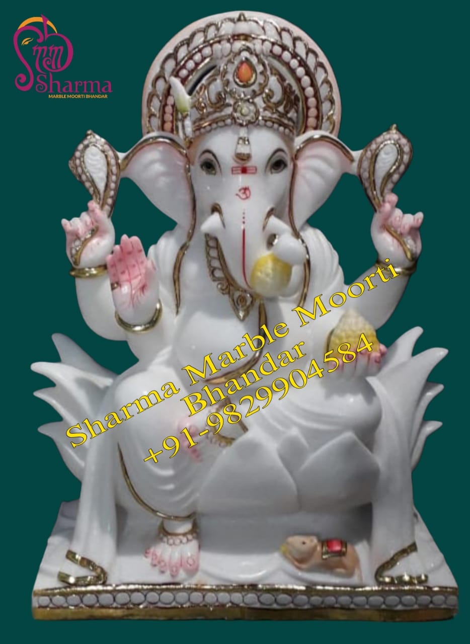 Gold Work Marble Ganesh Murti Sitting On Chowki