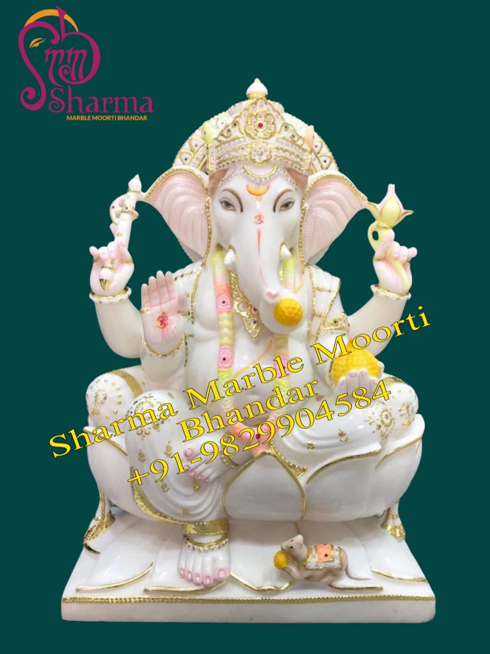 Gold Work Marble Ganesh Murti Sitting Posture