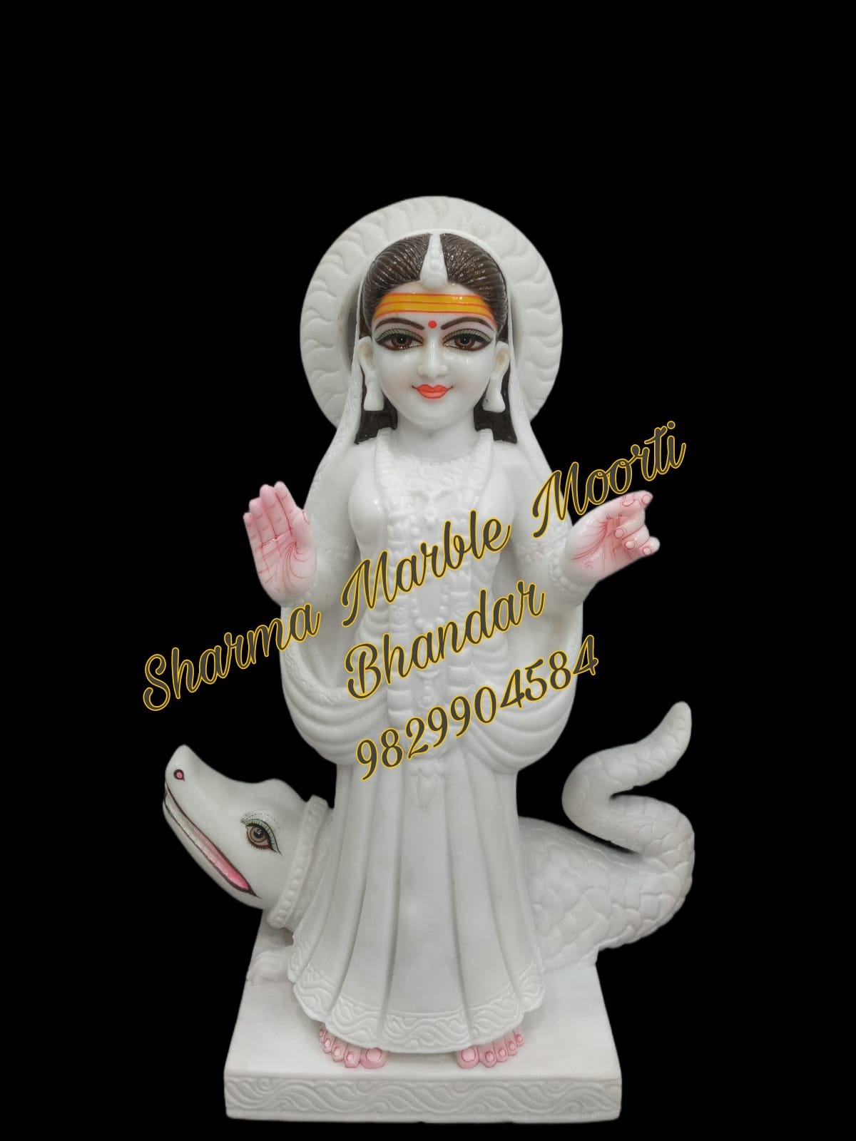 Makrana Marble Moorti Of Khodiyar Maa With Crocodile In Pink Painted