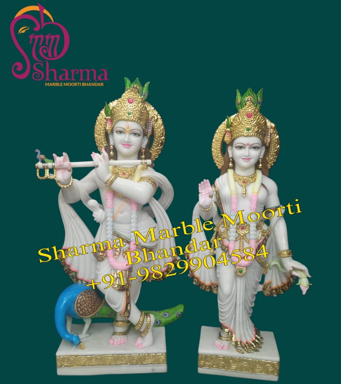 Makrana Marble Radha Krishna Statue Standing Separately With Peacock