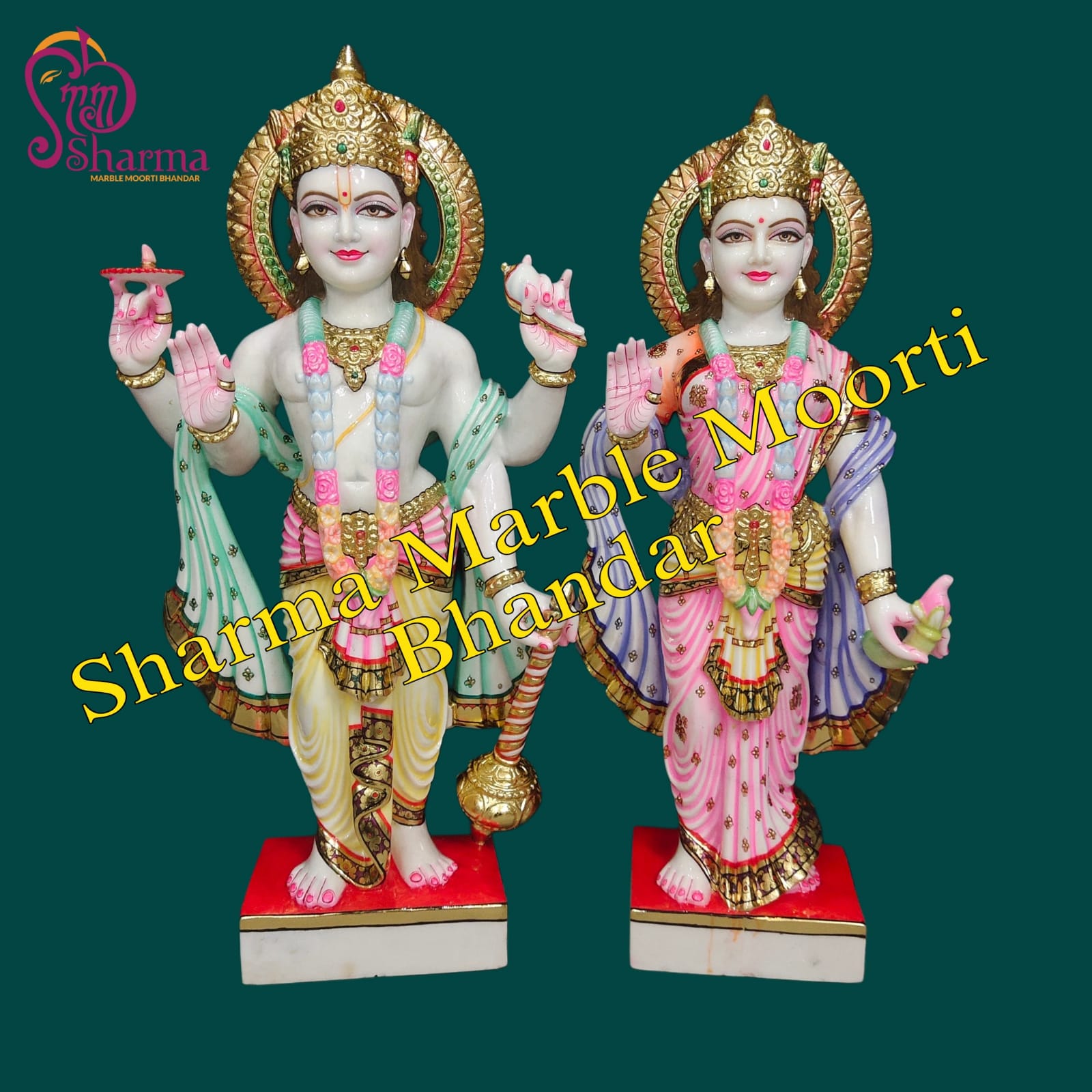 Marble Laxmi Narayan Moorti Standing Separately On Red Chauki