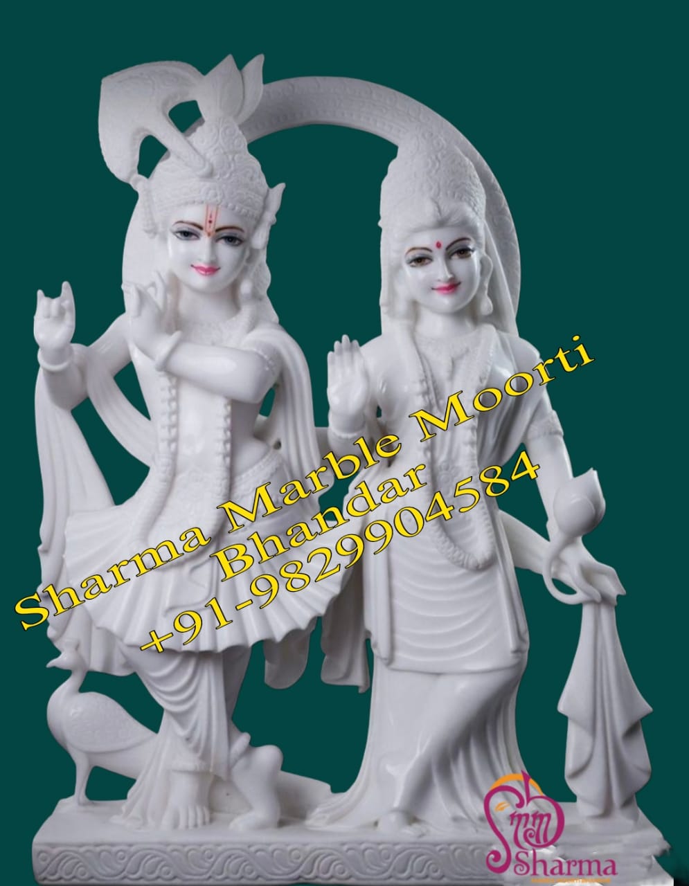 Marble Radha Krishna Statue Standing On Chauki In Ashirwad Posture