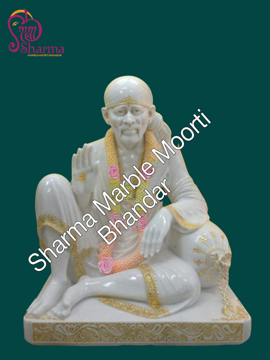 Makrana Marble Sai Baba Moorti With Golden Paint