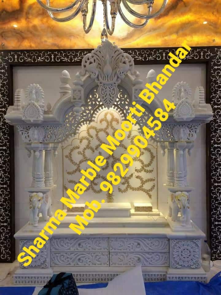White Makrana Marble Temple For Home With Golden Paint