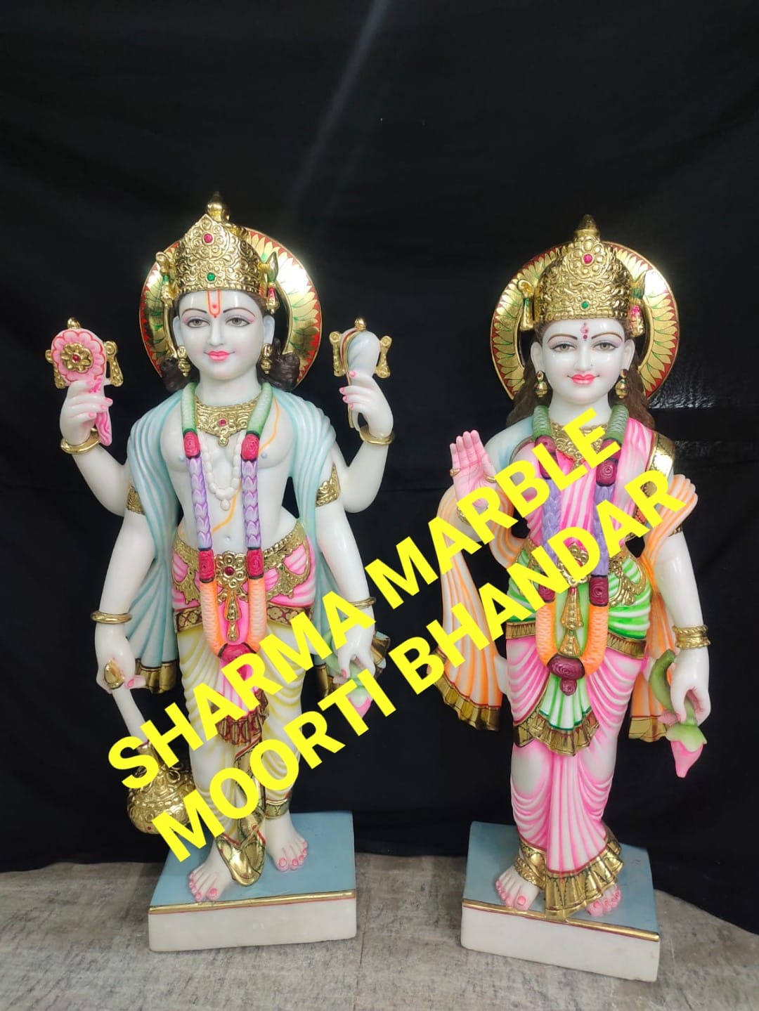 Marble Vishnu Laxmi Idol Painted With Multi Color