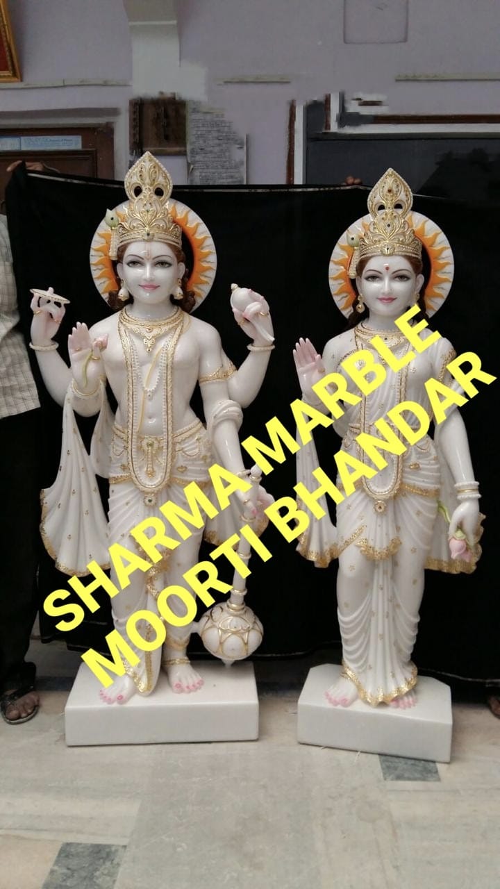 Marble Vishnu Laxmi Idol With Golden Work