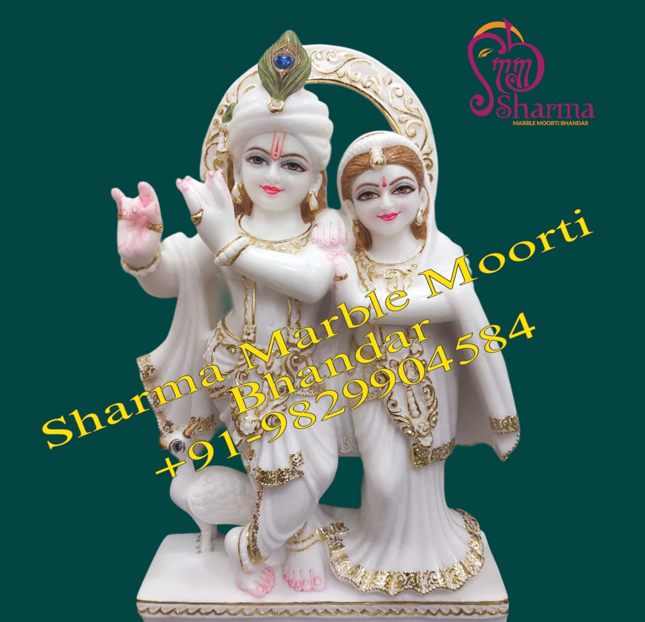 Radha Krishna Marble Statue With Golden Work For Home And Temples
