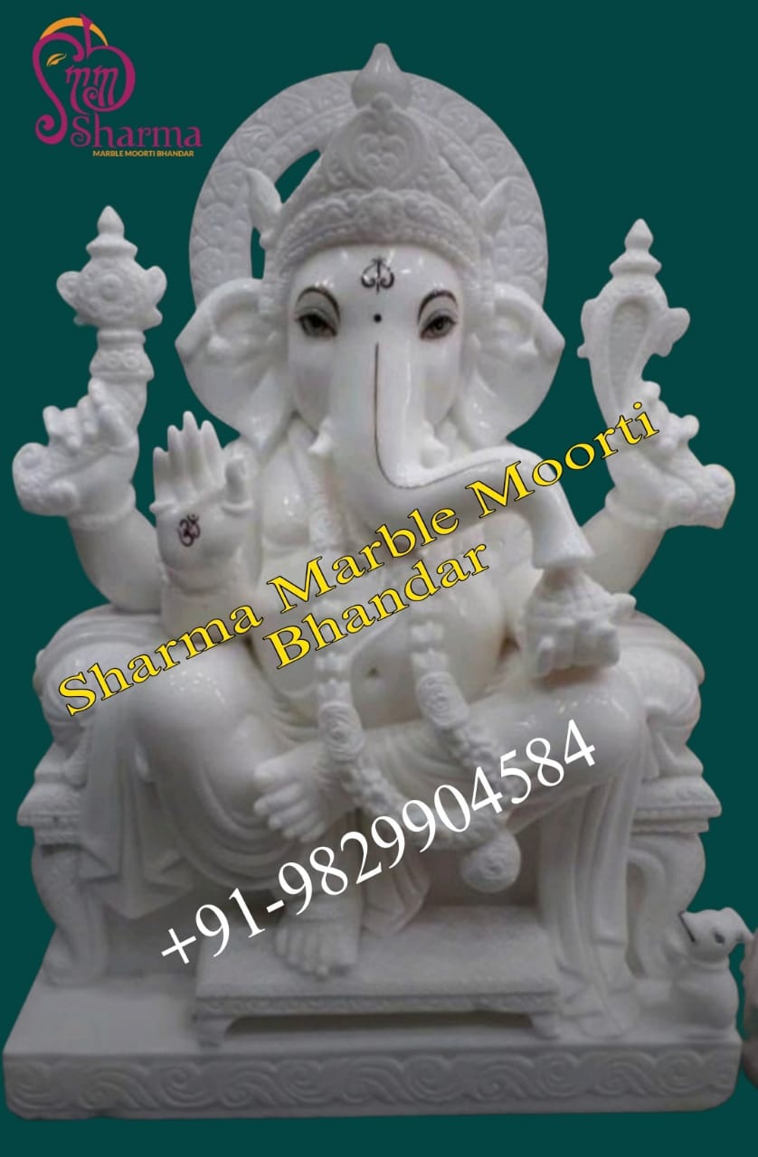 White Makrana Marble Ganesh Statue Made Sitting On Chowki