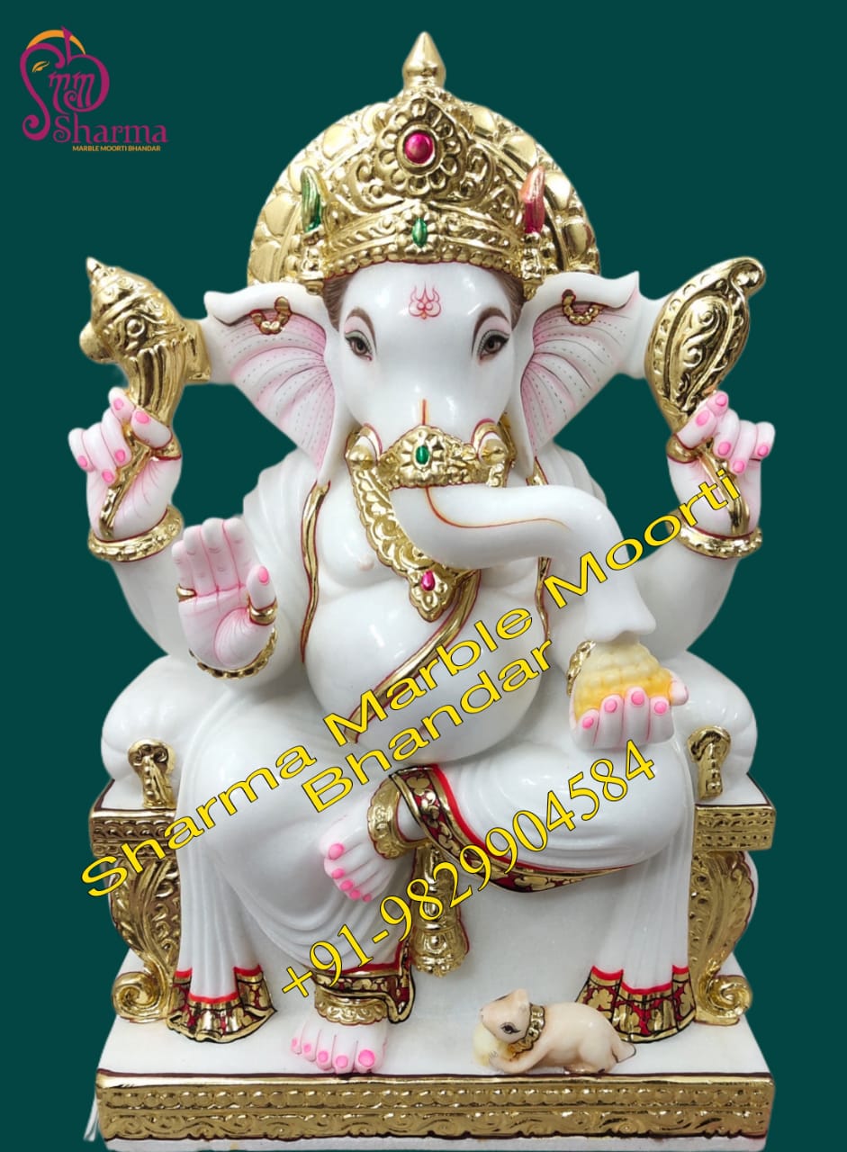 White Makrana Marble Ganesha Statue With Goldwork