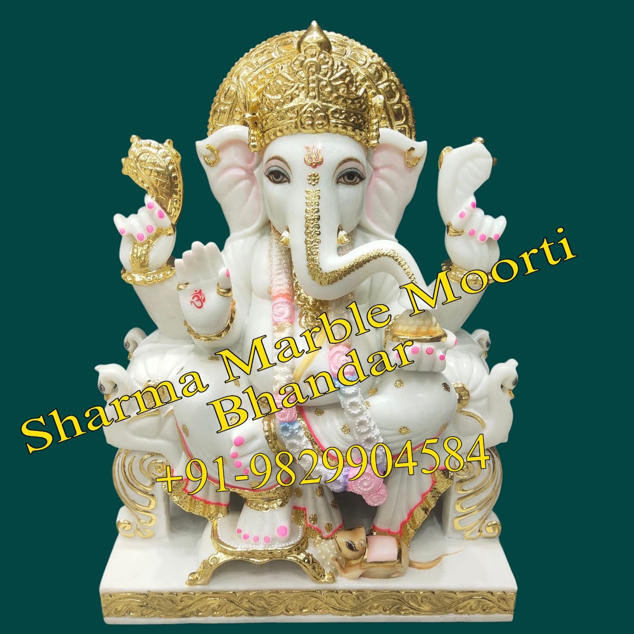 White Marble Ganesh Murti In Goldwork In Makrana Marble