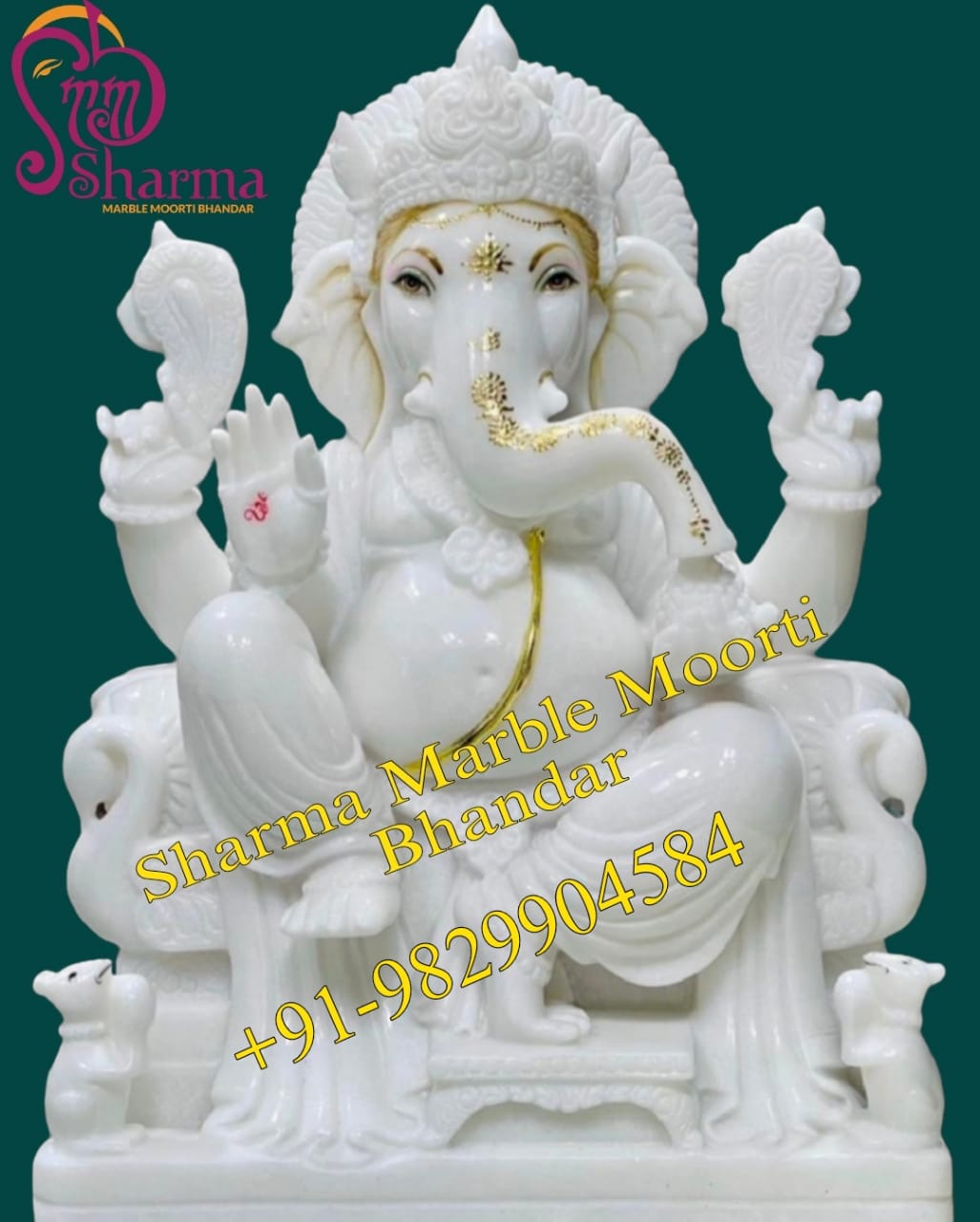 White Marble Ganesha Murti Sitting On The Lotus Ashirwad Posture