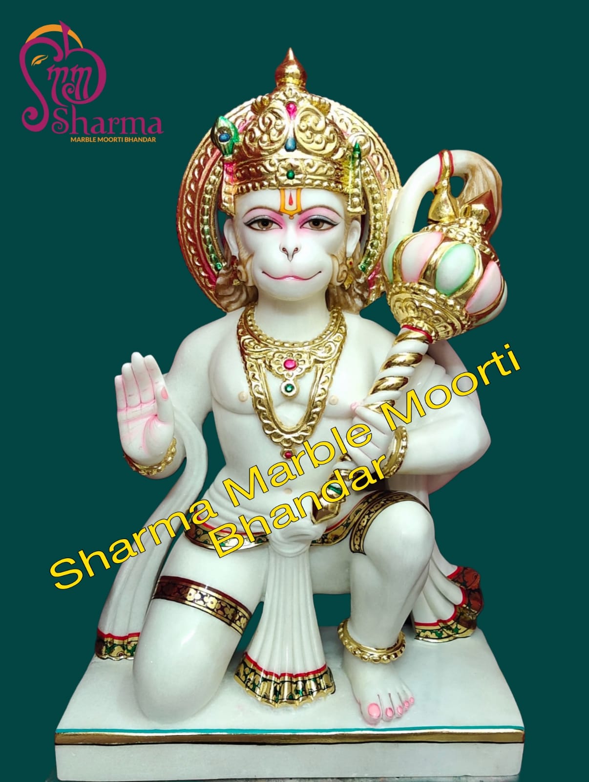 White Marble Hanuman Ji Moorti With Golden Work In Ashirwad Posture