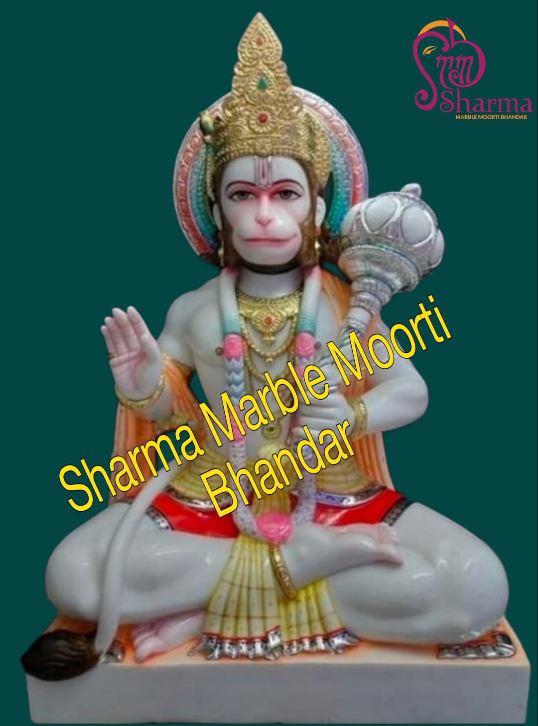 White Marble Hanuman Ji Sitting On Chauki In Ashirwad Posture