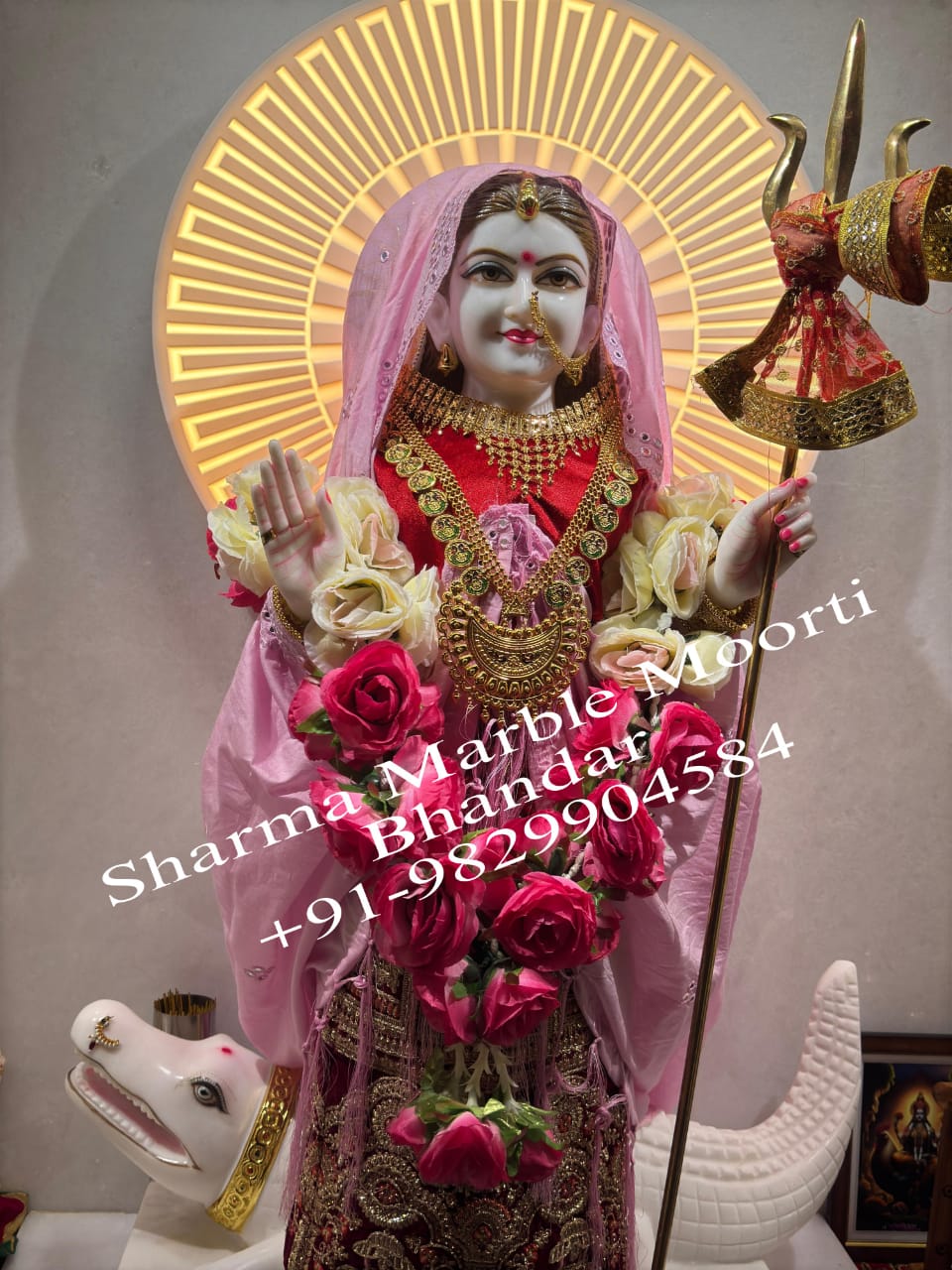 White Marble Khodiyar Maa Moorti With Crocodile