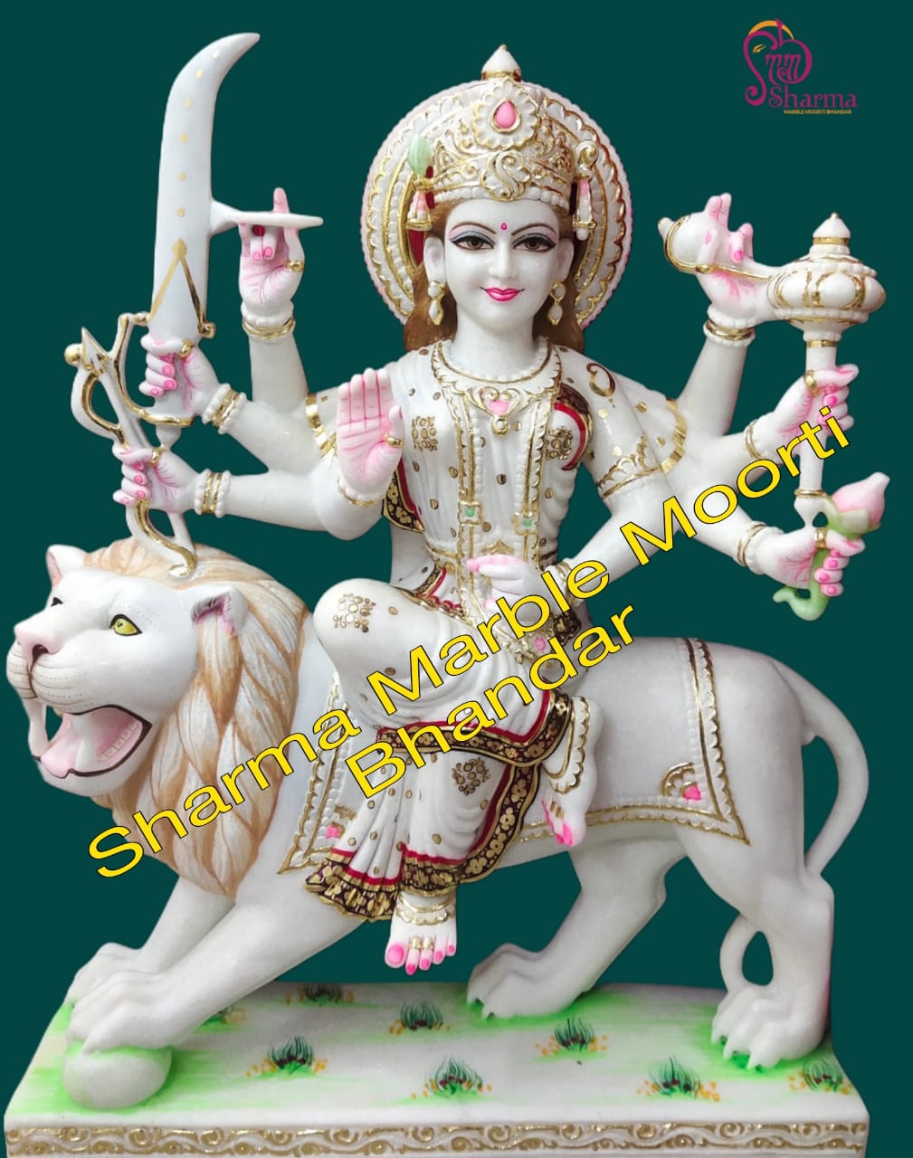 White Marble Painted Durga Maa Colorful Statue