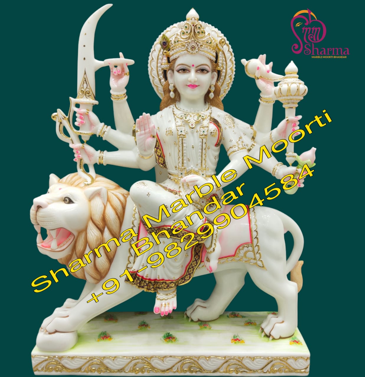 White Marble Painted Durga Maa Statue With Astra