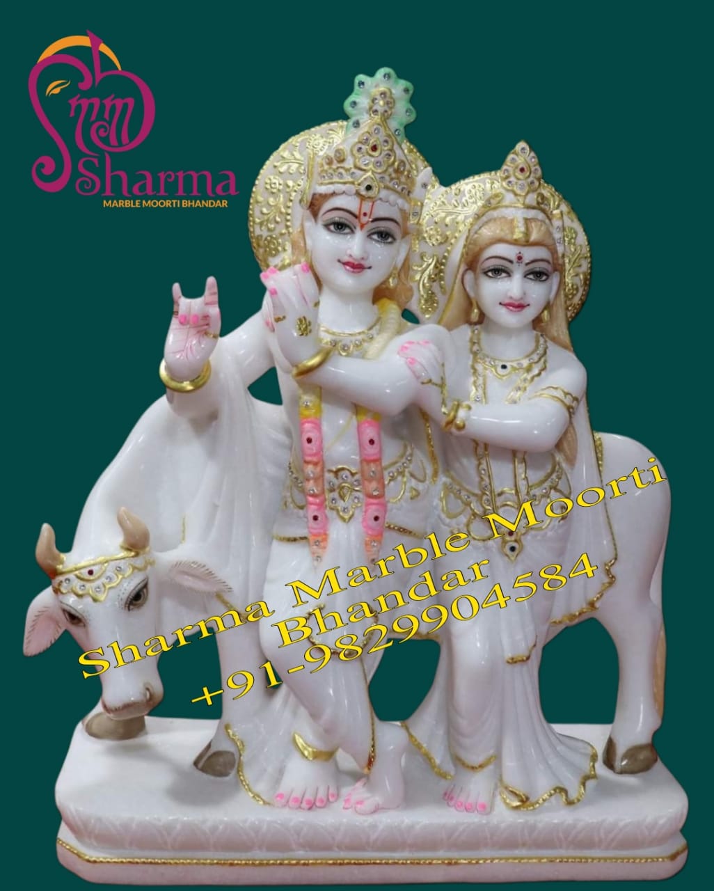 White Marble Radha Krishna Idol Standing With Cow