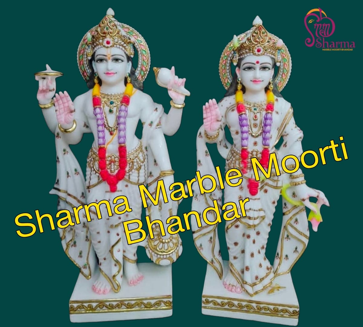 White Marble Vishnu Laxmi Moorti With Golden Work And Colorful Garland