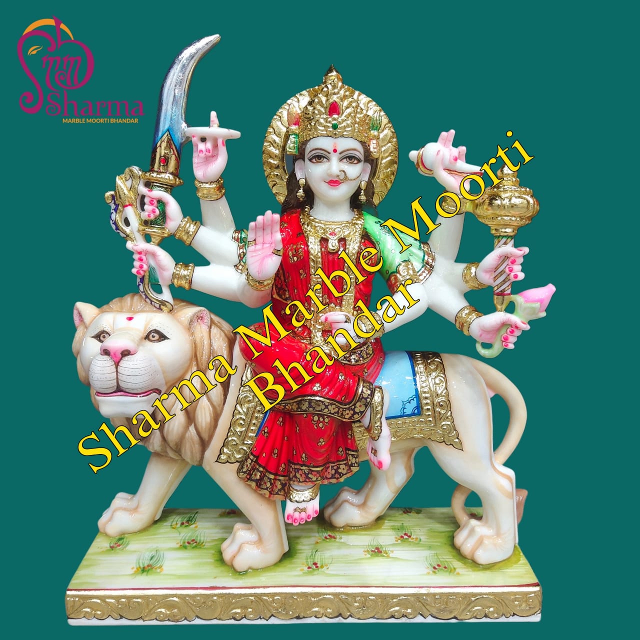 White Marble With Red Print Durga Maa Statue