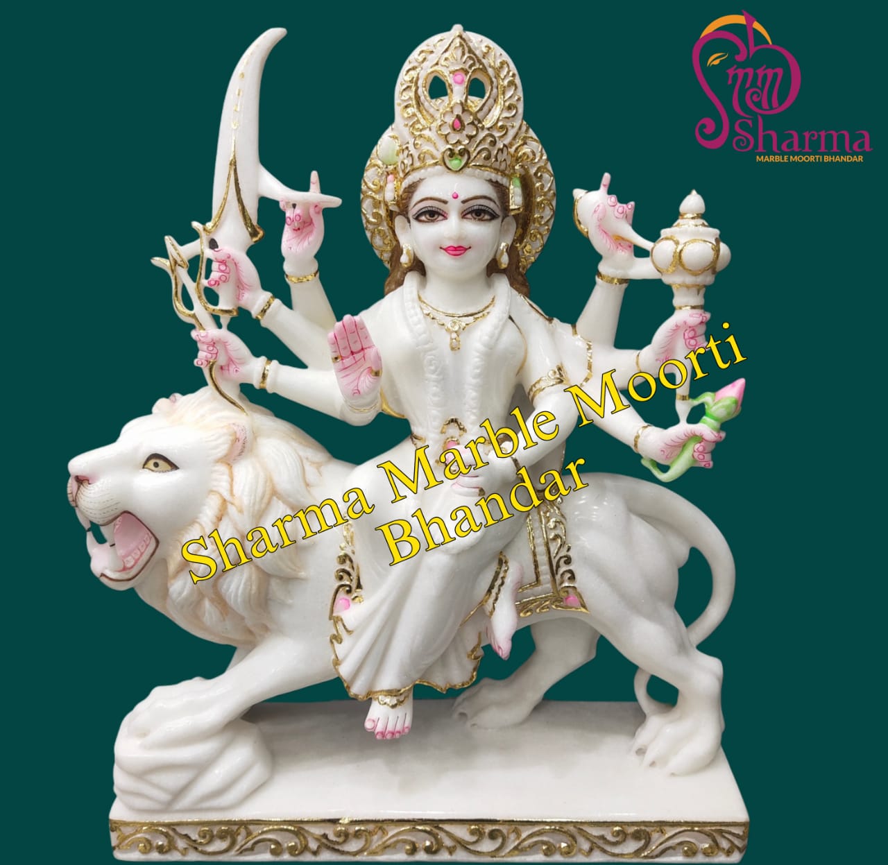 White Marble Yellow Print Durga Maa Statue