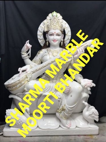 White Painted Saraswati Mata Marble Statue